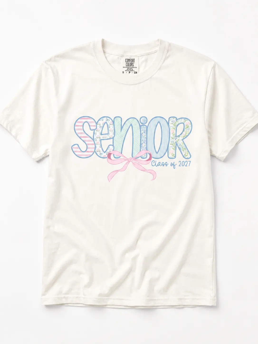 Women's Short Sleeve Casual Printed Top - Comfort Colors 2027 Senior Floral Preppy Bow Graphic Tee, Graduation Class Gift - TrendWear USA, Shortsleeve, Tops