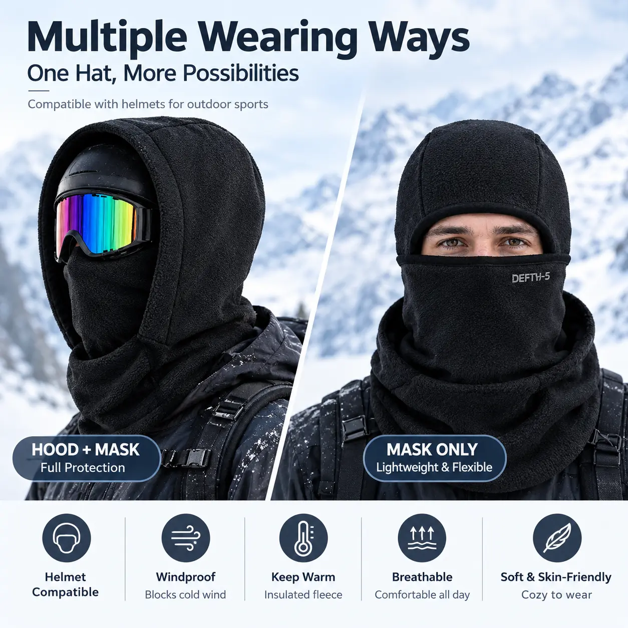 Fleece Balaclava for Men Women, Winter Face Mask with Neck Warmer, Windproof Thermal Hood, Two-Layer Ski Mask for Cycling, Skiing, Fishing & Hiking