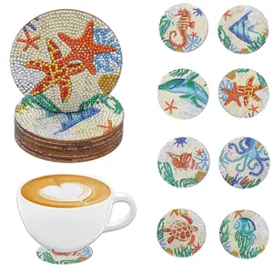 Marine Life Pattern DIY Diamond Art Painting Colorful Round Coaster Set, 8pcs/set DIY Anti-slip Coasters, Suitable for Home Kitchen Desk Decoration