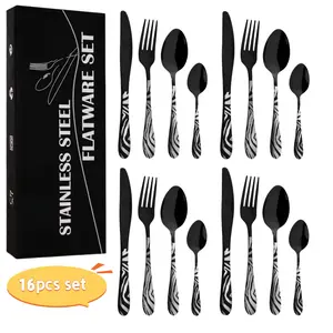 16-Piece Black Stainless Steel Modern Tableware Set Serve for 4 People, Laser Zebra Pattern, Cutlery Set, Kitchenware Set, Ideal for Home Gatherings, Kitchen, Restaurant, Polished Finish