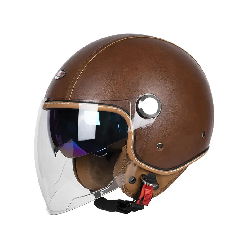 KAESE DOT Approved 3/4 Open Face Motorcycle Helmet - Retro Leather-Style, Dual Visor, Rider Protection, Wide Field of Vision for Men and Women (Scooter Cruiser Compatible)