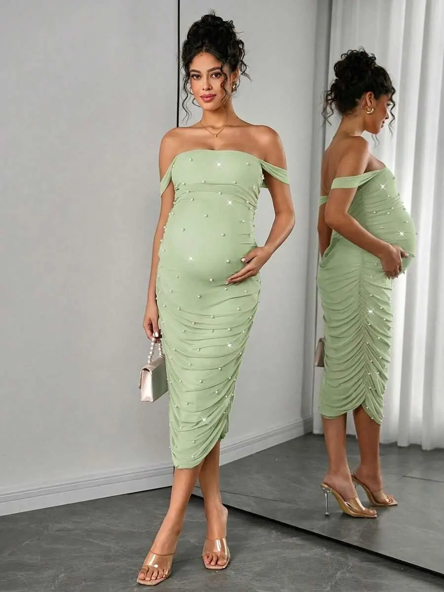 MaterniRIO Elegant Maternity Dress, Luxury Evening Dress For Wedding, Faux Pearls Dress, Apricot Maternity Dress