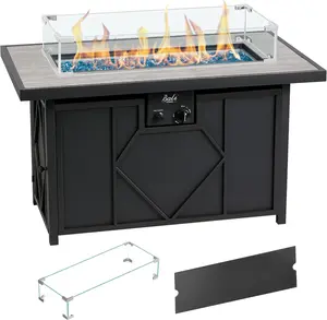 Bali Outdoors Propane Fire Pit Table, 42 inch 60,000 BTU Gas FirePit Table with Glass Wind Guard, Rectangular Fire Pit with Tile Tabletop