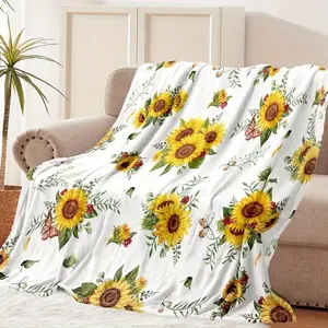 Retro Vintage Butterfly Sunflowers Flannel Throw Blanket - 280GSM Super Soft, Fading Resist, Lightweight All-Season Plush, Vibrant Print with White Back, Durable Machine-Washable Polyester for Bed, Sofa