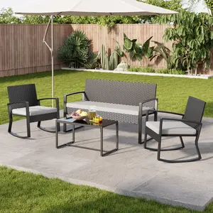 Gizoon 4 Piece Outdoor Patio Furniture Set Wicker Patio Furniture with Glass Coffee Table Rocking Wicker Bistro Set for Backyard Poolside Porch