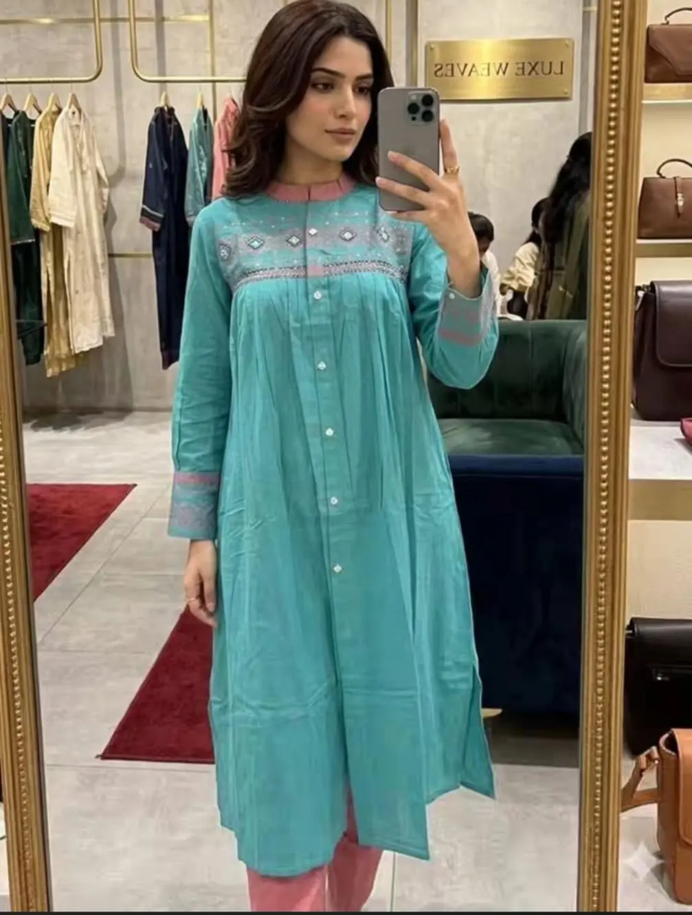 Jamdani with real mirror cotton kurti Pant Set