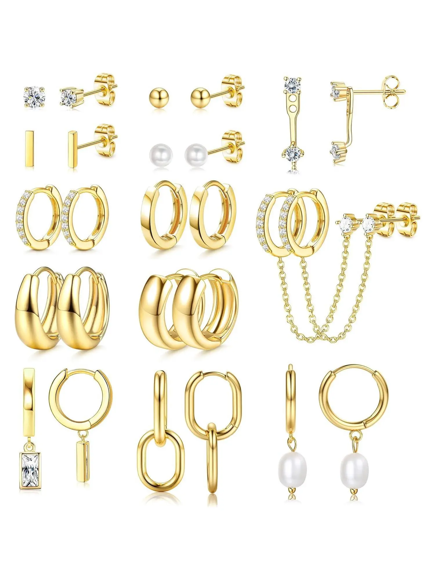 13 Pairs 14K Gold-Plated Earrings Set, Tiny Huggie Hoops & Faux Pearl Studs, Hypoallergenic & Lightweight Material, Perfect Gift for Women, High Quality Earrings, Huggie Earring Pack