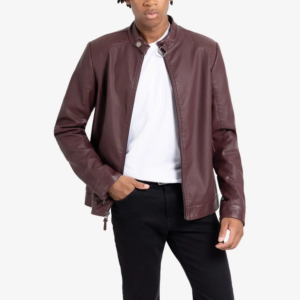 X RAY Women's Burgundy PU Leather Racer Jacket - Faux Shearling Lining, Ribbed Details, Polyester Fabric Garment, Biker Style, Pocket Feature, Size L, Coats, Stylish