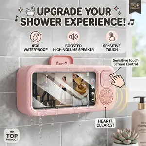 Rotatable Shower Phone Holder with Bluetooth Speaker, Waterproof Wall Mirror Mount Stand, Dustproof Bathroom Bracket for 4"-6.8" Cell Phones
