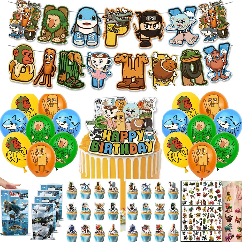 152pcs "Shark in the Shoe" "Bombardiro Crocodilo" Themed Eid al-Fitr Sahur Party Decoration Kit, Vinyl Set with Banner, Balloons, Cake Topper, Temporary Tattoos, Candy Bags, Photo Props, Magical Gifts for Kids, Party Favors Assortment, Birthday Gift Ideas