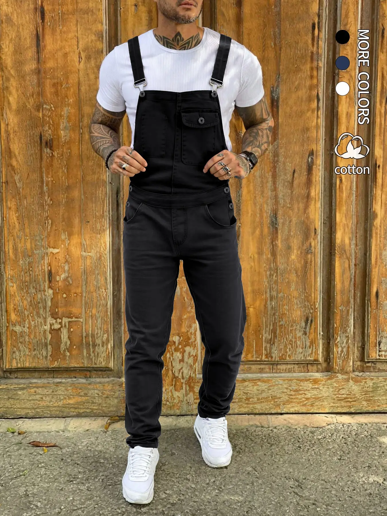 Men's Denim Jumpsuit Workwear, Elastic Jean Fabric Adjustable Straps & Pockets, Casual Washed Harem Overall, All Seasons, Streetwear Jumpsuit, Button Fly Overalls