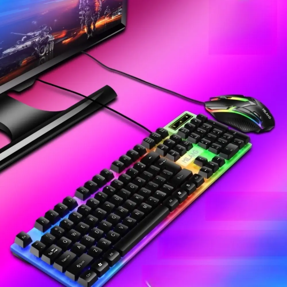Rainbow backlit wired gaming keyboard and mouse set, plug and play wired keyboard and mouse combination, suitable for indoor leisure, e-sports and office peripherals of desktop and laptop computers