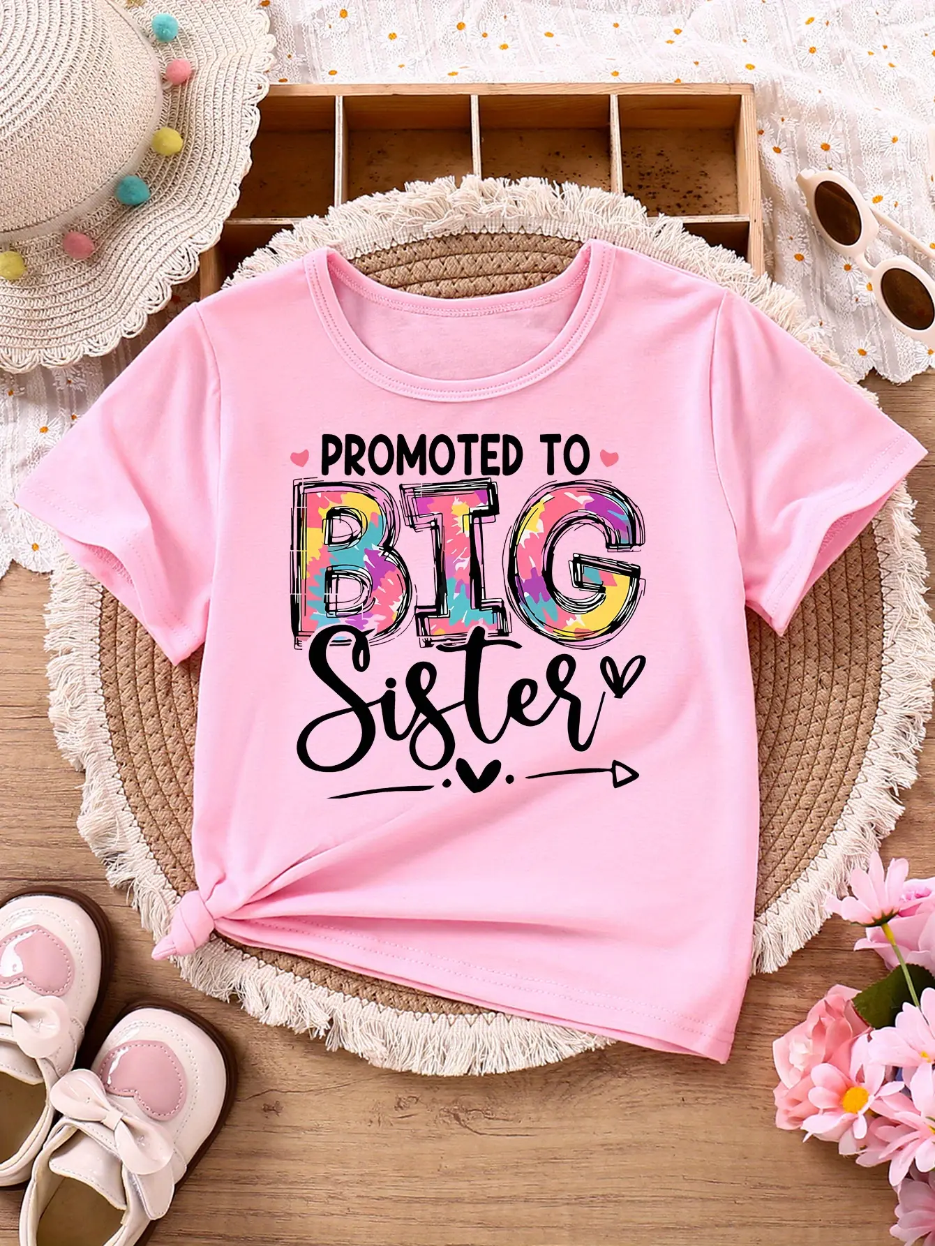 Kids "PROMOTED TO BIG Sister" Tie-Dye T-Shirt 100% Cotton Cute Sibling Announcement Tee Girls Casual Short Sleeve Top