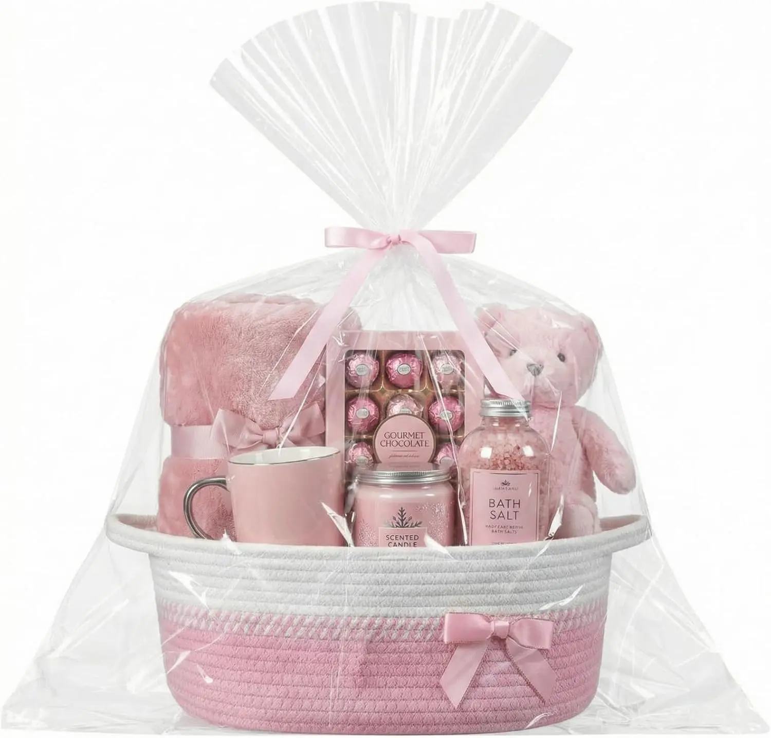 Woven Basket for Gift Empty with Cellophane Wrap Set 14 x 10 x 5.5 Inch, Medium Decorative Gift Basket Empty to Fill, Cotton Rope Storage Box Decor(Pink White)