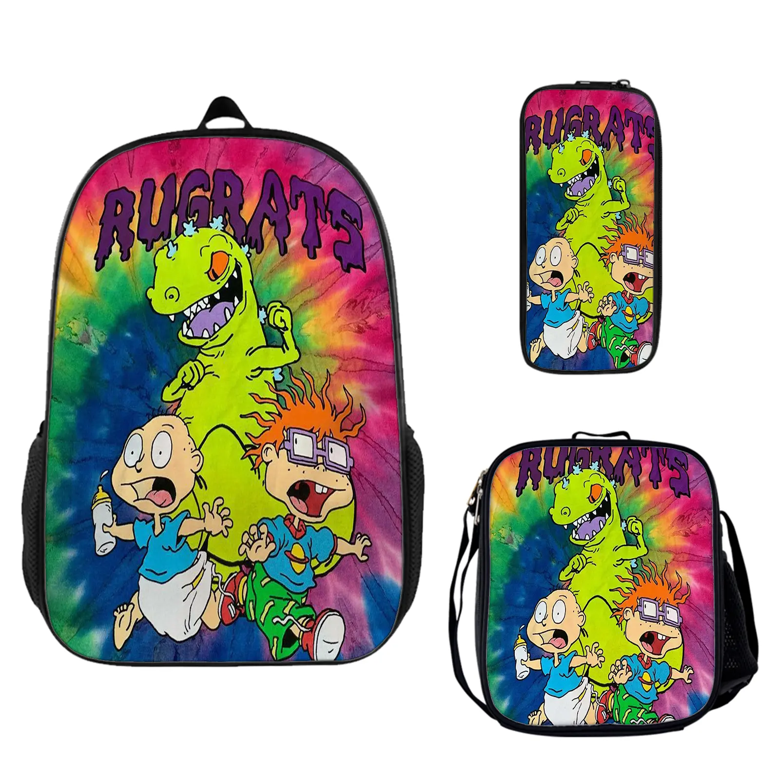 Rugrats 3-Piece Large Capacity Oxford Fabric School Backpack Set - Back to School Haul, Vibrant Anime Figure Element Backpacks, Insulated Lunch Box, Pencil Pouch, Adjustable Padded Straps, Heavy Duty Zips, All Seasons Teen Boy Gift, School Backpacks