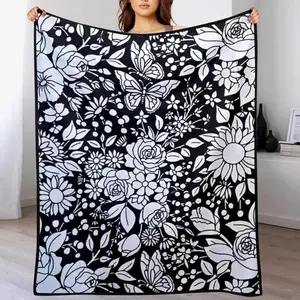 Color-Fillable Flannel Blanket, Creative Art Craft Kit, Suitable for Children and Adults, Holiday Gift Black and White Floral Blanket | Aesthetic Butterfly Flower Throw Blanket Soft Cozy Flannel Blanket
