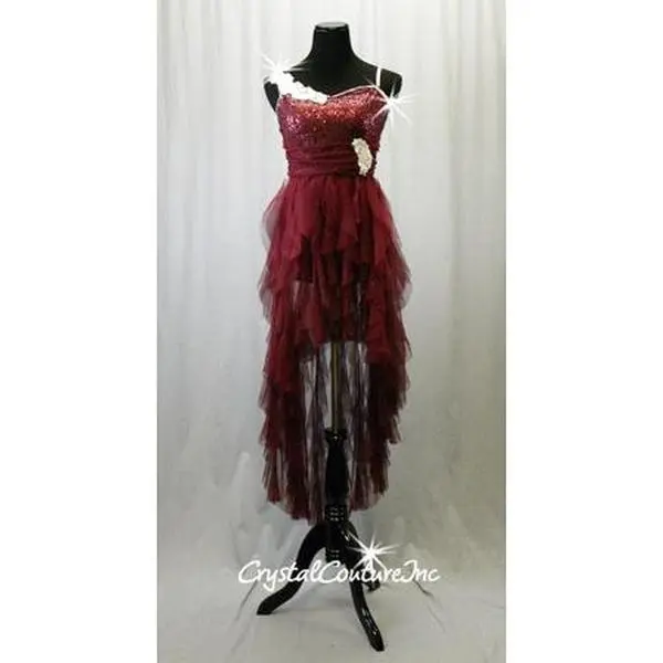 Burgundy Sequin/Mesh Leotard with High-low Sheer Mesh Skirt - Swarovski Rhinestones