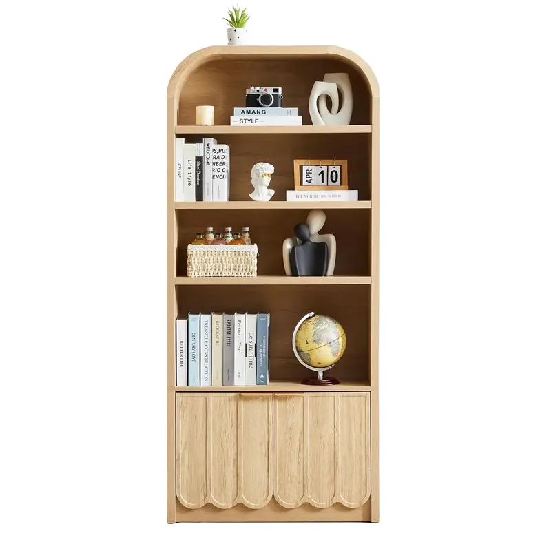 Giratree 70" Tall Arched Bookshelf with Storage Cabinet, Modern 4-Tier Wood Bookcase with Scalloped Doors & Gold Handles, Open Display Shelves for Living Room, Bedroom, or Home Study Office