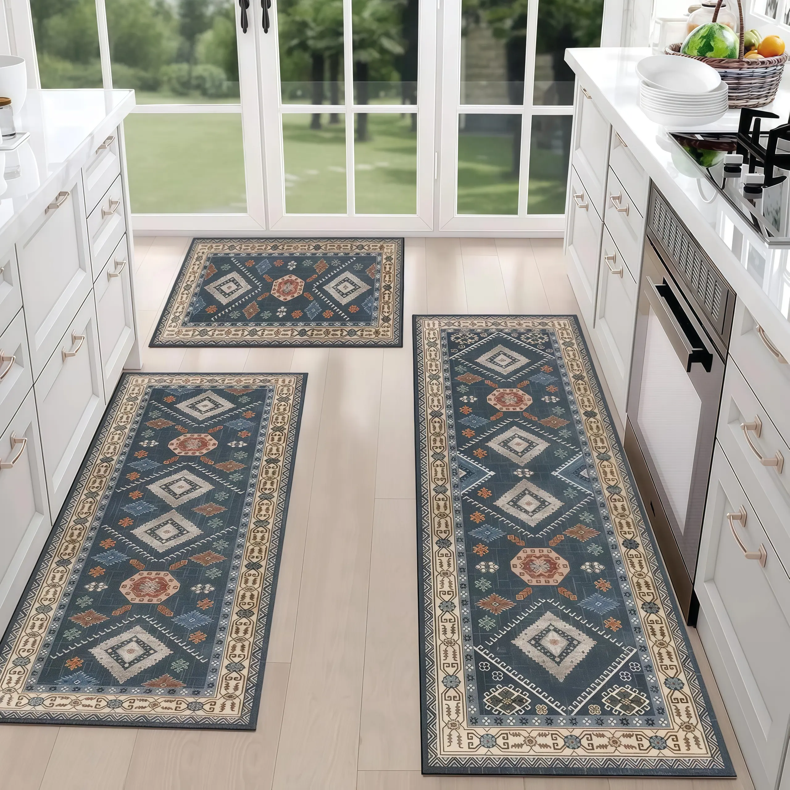 3-Piece Boho Kitchen Rug Set with Bohemian Look, Soft Flannel Non-Slip Floor Mats, Washable Kitchen Runner Mat for Home Use Cozy Decor