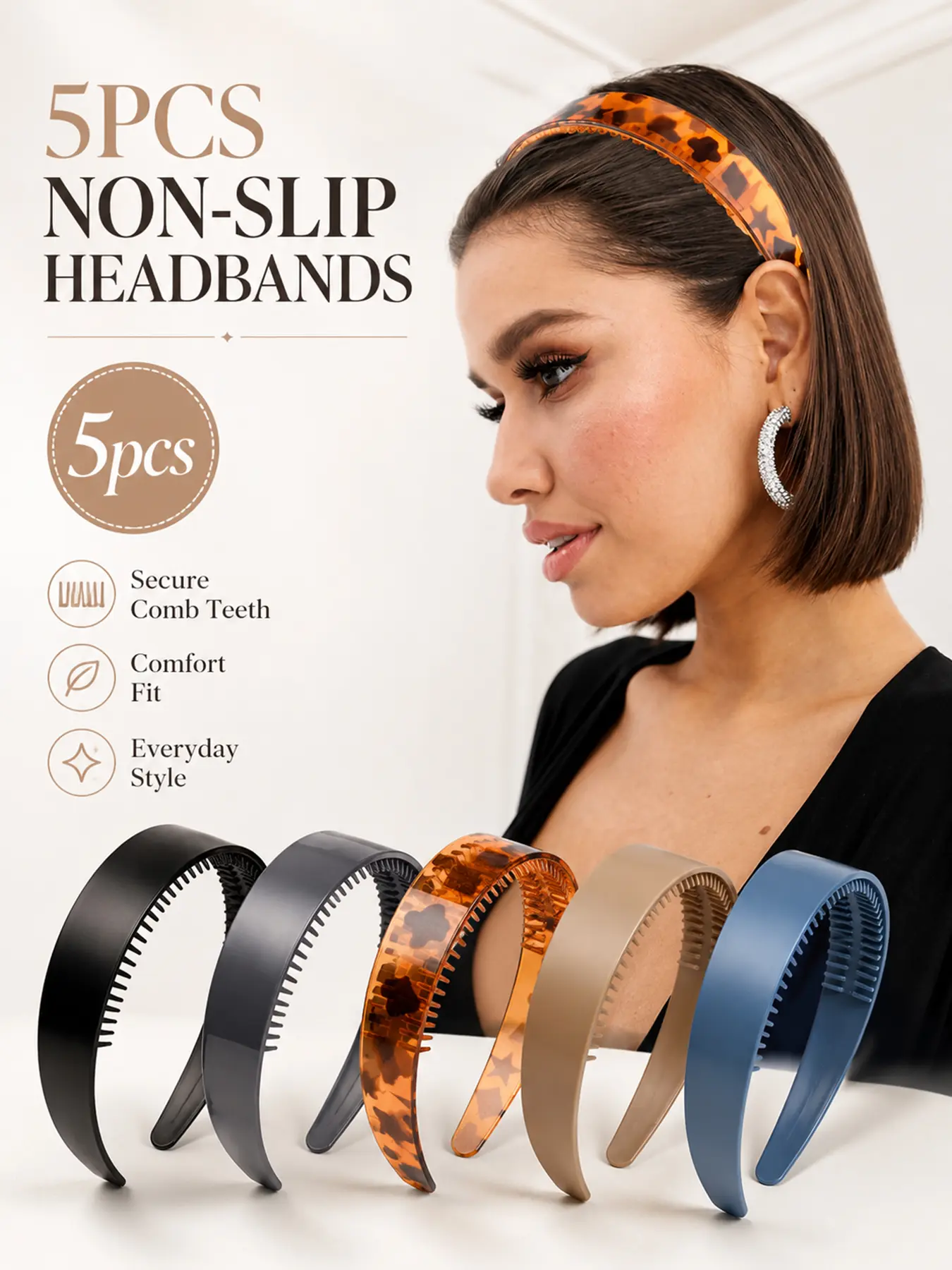5PCS Plastic Headbands with Teeth for Women Men Minimalist Everyday Style, Non-Slip Comb Hair Bands with Flexible Wide Grip, Unisex Hair Accessories for Thick Thin Hair, Face Washing, Makeup, Sports, Daily Styling, Travel, Salon Use and Gifts