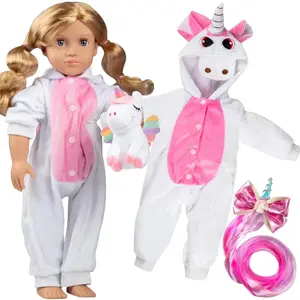 3pc Unicorn Onesie Outfit - 18" Doll Clothes & Accessories Compatible w American Girl Dolls - PJ Set Includes Pajamas, Plush Toy & Pink Hair Clip - Great for Girls & Collectors