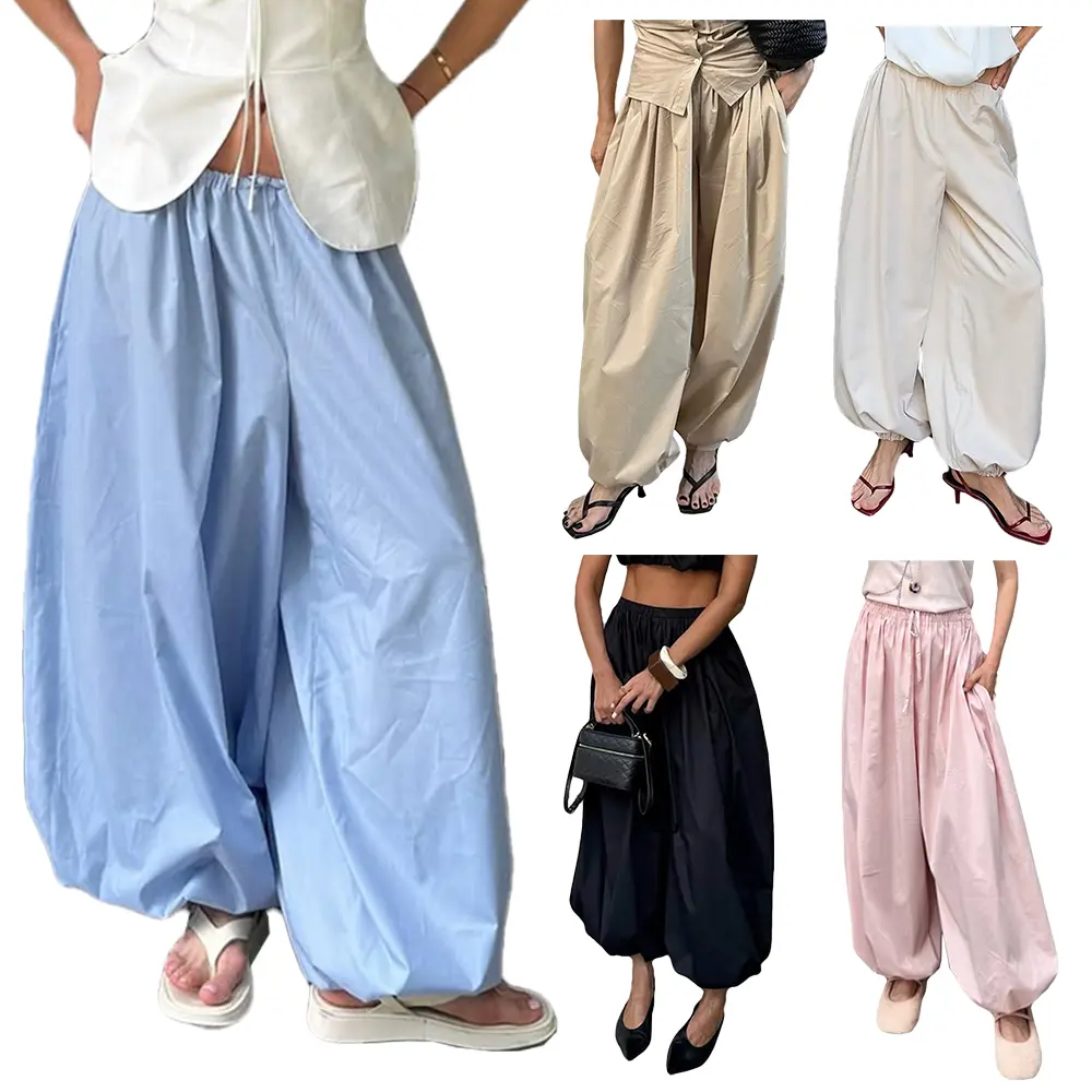 Yimoon Balloon Pants for Women Baggy Pleated Wide Leg Pants Elastic Waist Summer Casual Harem Pants Breathable