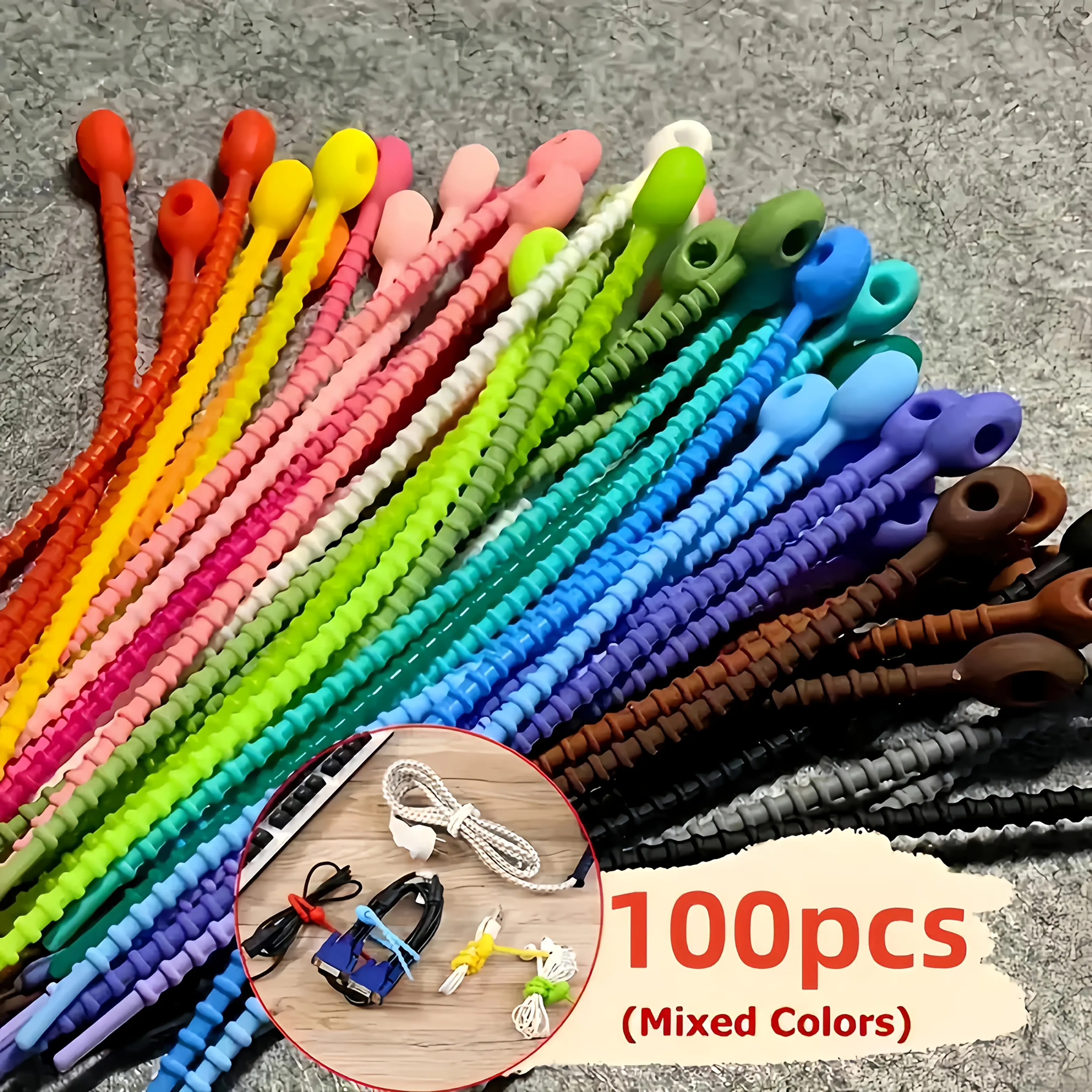 100pcs Of Silicone Reusable Cable Organizer, Winding Device, Cable Management With Zip Ties, Twisted Cords, Multifunctional Bag Clips, Food Storage, Headphone Cable Organizer Clip Desk Supplies Set
