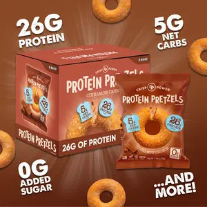 Crisp Power Protein Pretzels, NEW Cinnamon Crunch, 26G Protein, High Protein, High Fiber, Low Carb, Crunchy Pretzel Snacks, No Added Sugar, 1.75 oz Bags, 6 Pack, Vegan, Plant-Based, Keto