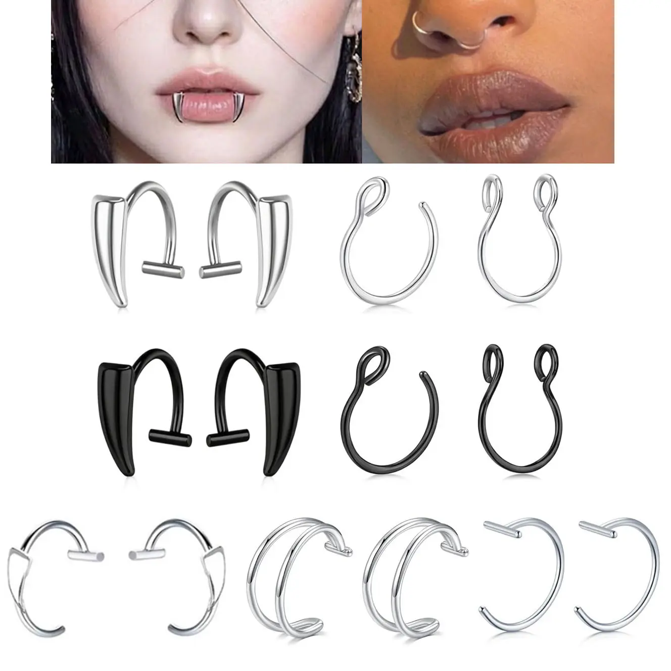Fake Vampire Fang Lip Ring Lip Cuffs Clip on Faux Snake Bites Hoops Non Piercings Jewelry For Halloween Jewelry Clip Double Hoop Snakebite Jewelry