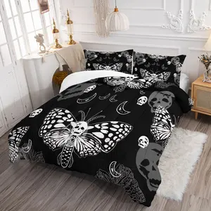 2/3Pcs Butterfly Skull Bedding Set, Soft and Cozy Quilted Comforter with 1/2 Coreless Pillowcases for All Seasons, Perfect Halloween Bedroom and Guest Room Decorating Set, Machine Washable Design for Easy Care