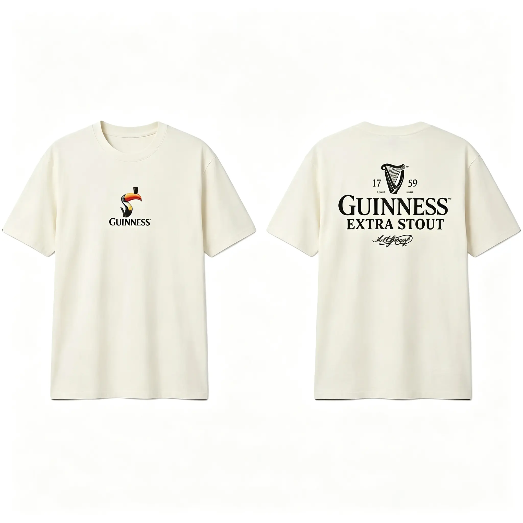 Men's 180g Guinness Toucan Beer Graphic Short-Sleeve Round Neck T-Shirt, Retro Stout Front & Back Print Top, Minimal Pub Style Menswear Casual Gift