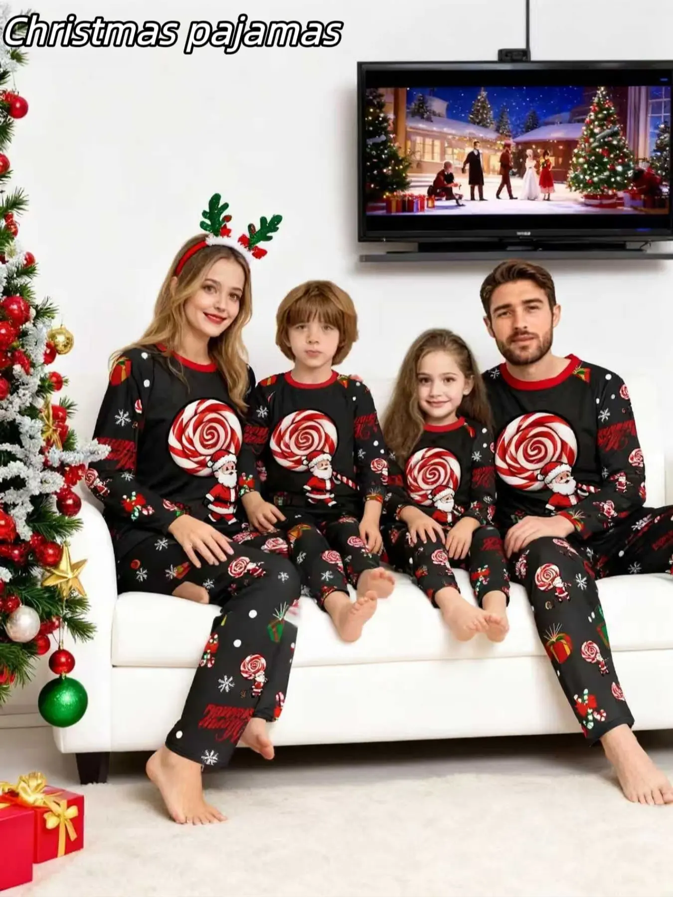 2-Piece Christmas Pajama Set, Family Matching, Candy Print Top, Floral Pants, Men Women Couples Sleepwear