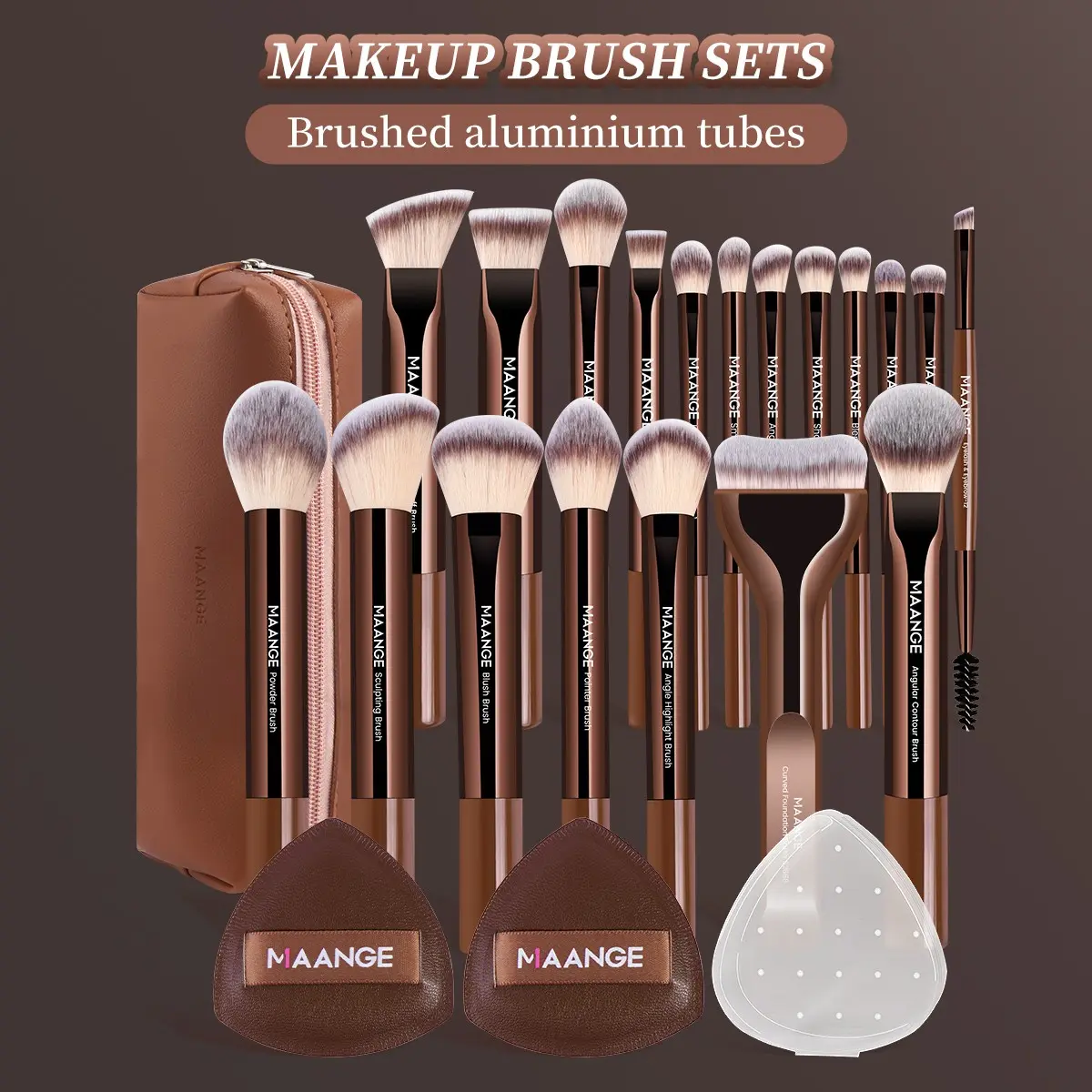 Maange 22-Piece Cosmetic Makeup Tool Set, Includes 19 Brushes, 2 Sponges, 1 Makeup Bag, Foundation Brush, Blush Brush, Powder Brush, Eyeshadow Brush, Mascara Brush, Highlighter Brush, Makeup Tool Organizer, Makeup Accessories