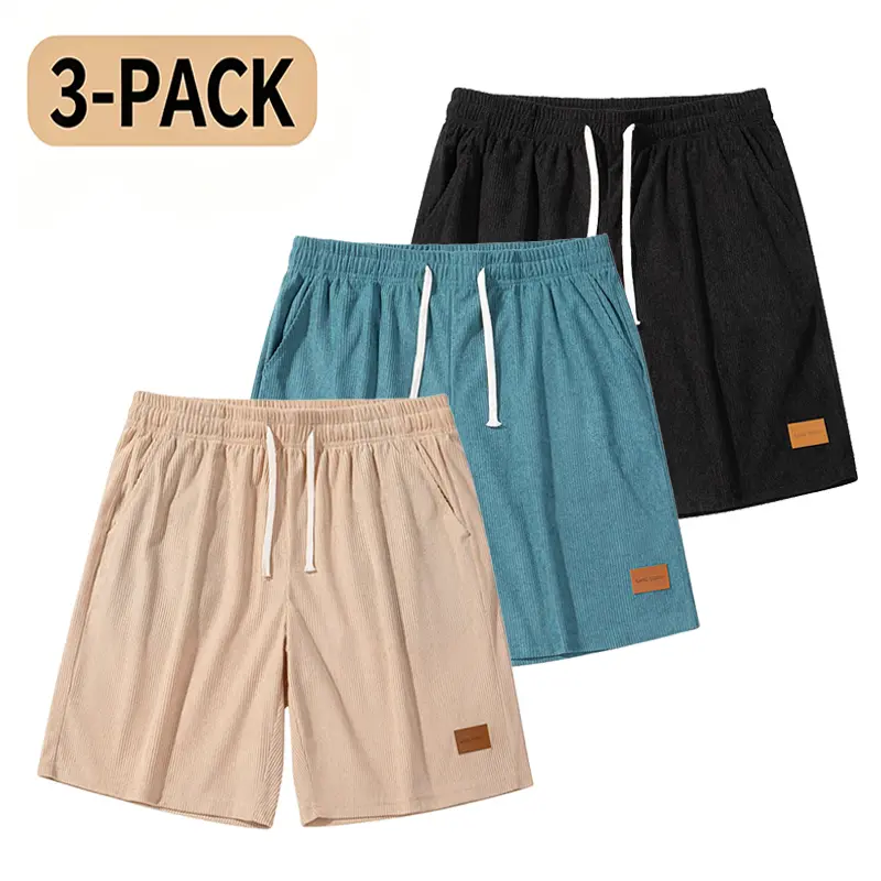 3-Pack Men’s Corduroy Casual Shorts, Elastic Waist Drawstring, Loose Street Style Mid-Length Shorts