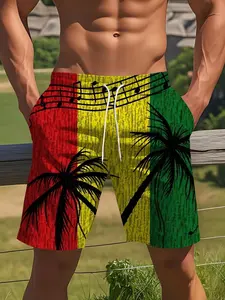 Men's Summer Jamaican Style Beach Shorts, Coconut Tree Print, Tropical Print, Casual Fitted Five-Quarter Pants, Drawstring Waist, Ideal Gift Choice