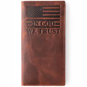 American Flag Leather Checkbook Cover for Men - Long Bifold Wallet with 9 Card Slots, RFID Blocking, and Thumb Hole Cut-Out for Easy Removal