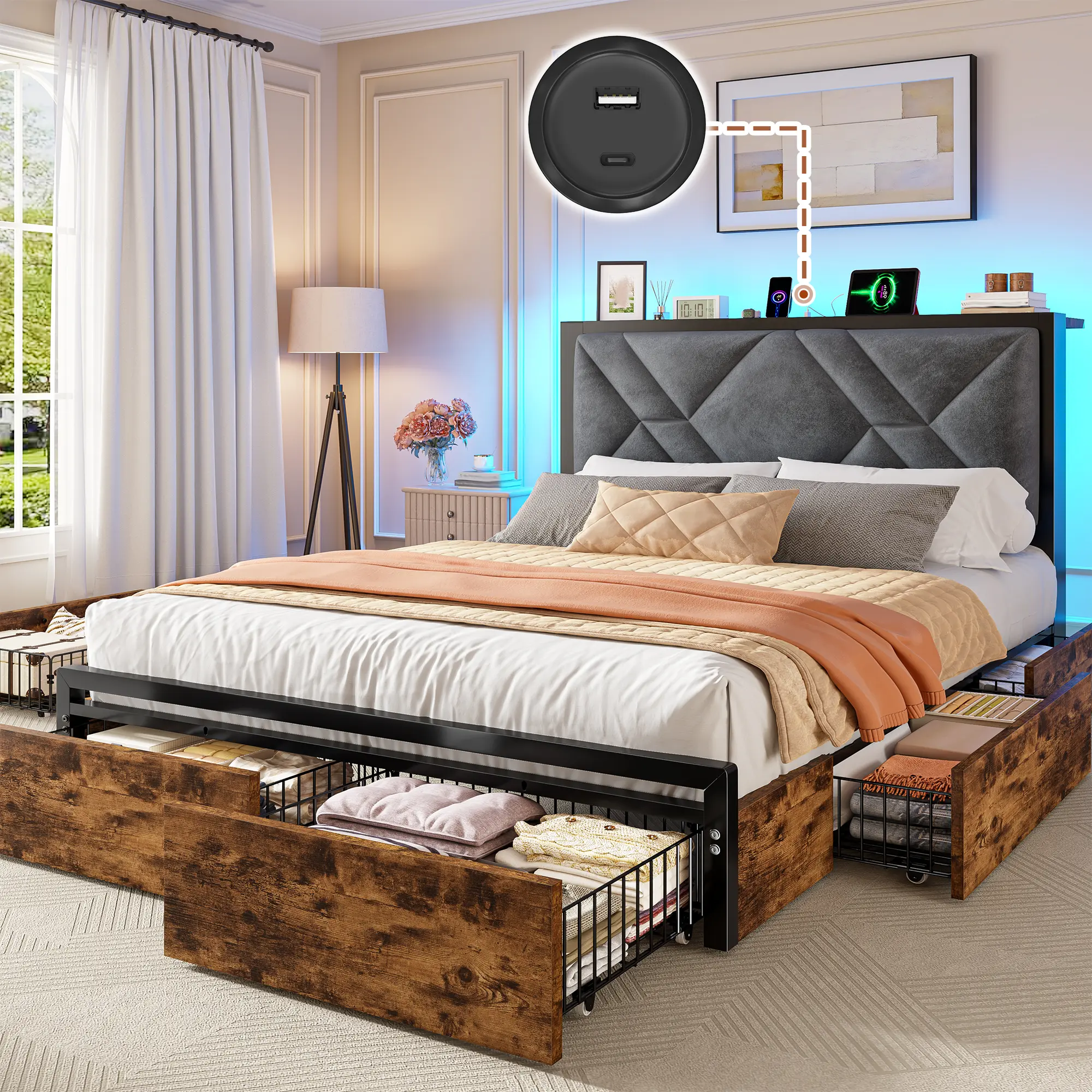 Raybee Bed Frame with 6 Drawers,  LED Lights & Charging Station, Full Queen Luxury Platform Bed Frame with Velvet Upholstered Headboard & Storage Shelf, No Noise, Holds 1000lbs, No Box Spring Needed,Easy Assembly, Black, Rustic Brown