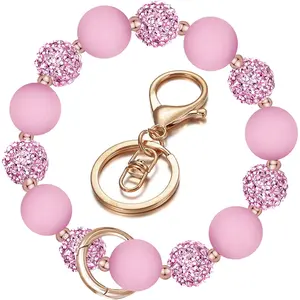 Wristlet Keychain, Silicone Beaded Wrist keychain with Key Ring for Women, Elastic Keychain Bracelet