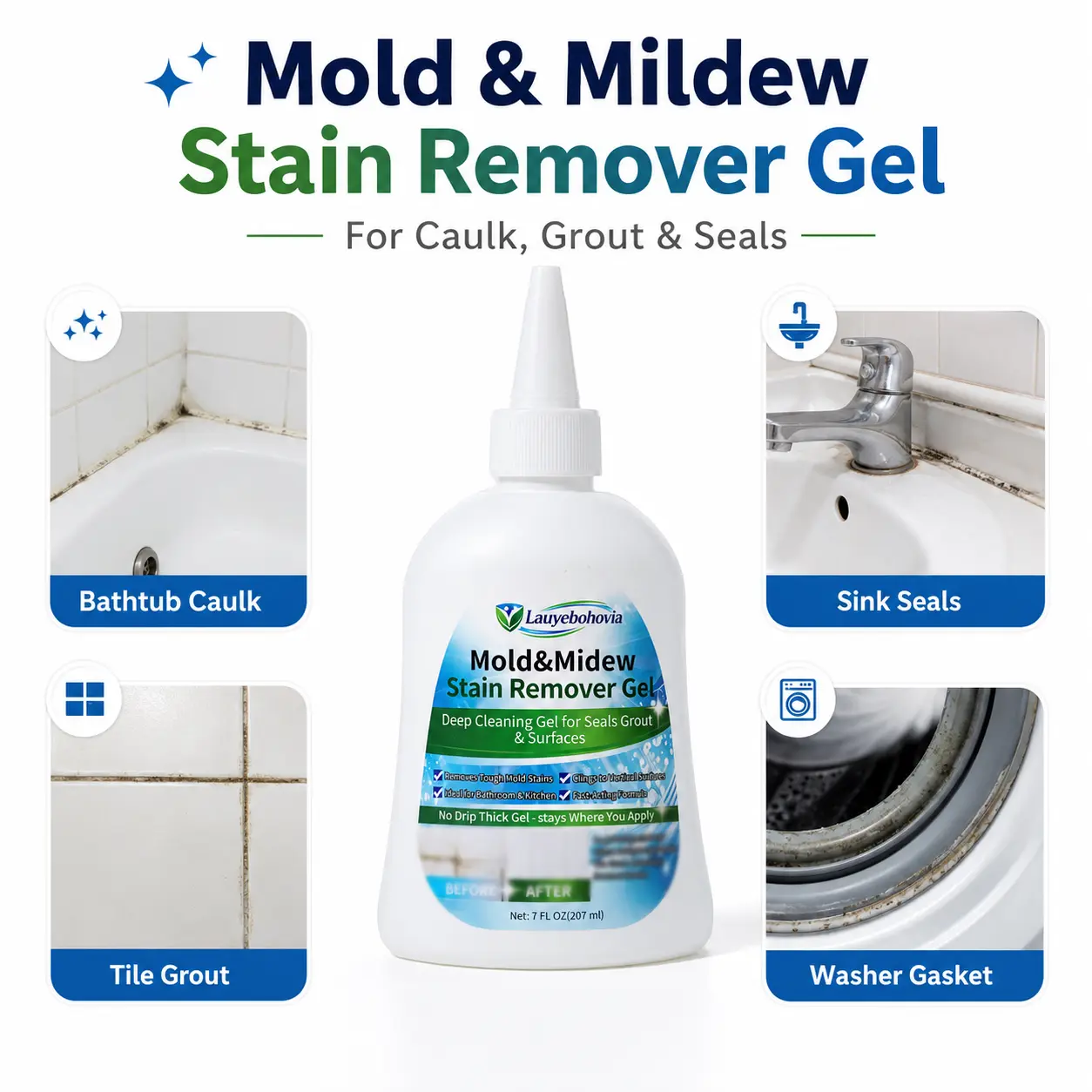 No-Drip Mold & Mildew Stain Remover Gel, Clear Thick Gel for Bathroom Caulk, Tile Grout, Sink Seals, Bathtub Edges & Washer Gaskets, 7 Fl Oz homeessentials