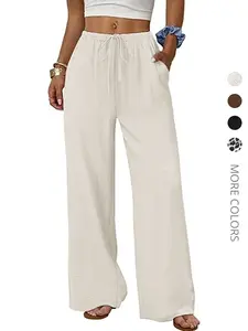 Wide Leg Pants Women Flowy Loose Baggy Palazzo Drawstring Adjustable Elastic Waist Fit Trousers, Casual Lounge Bottom with Pockets
