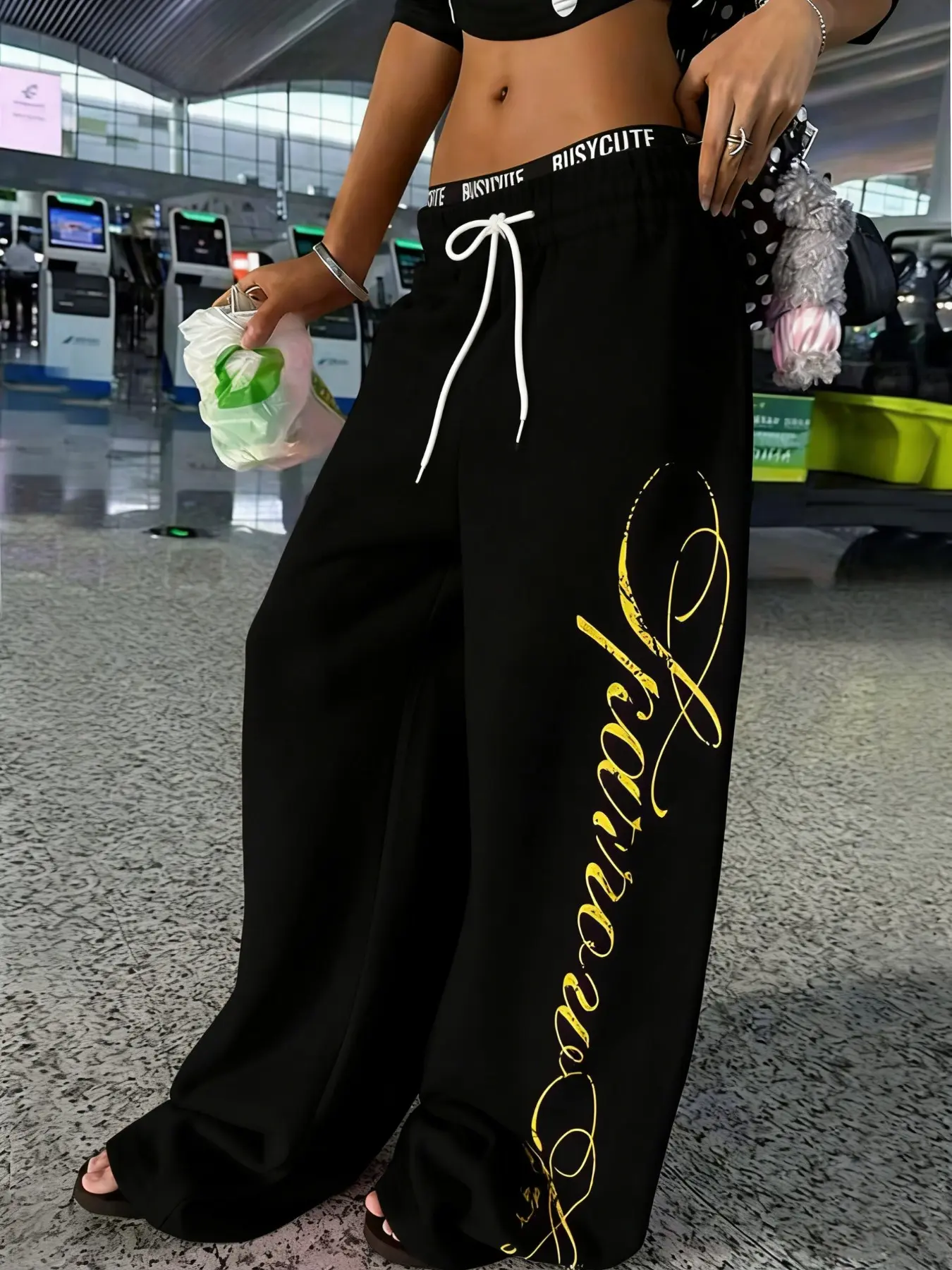 Women's Black Gold Script Print Wide Leg Sweatpants, Y2K Drawstring High Waist Casual Pants, Trendy Streetwear For Daily Wear & Travel Outfits, TikTok Viral