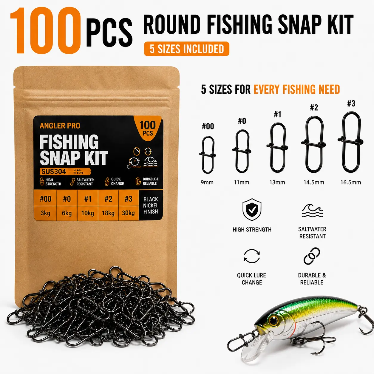 100PCS Fishing lure connector,Fishing Snap Kit, Duo Lock Snaps, Quick Change Lure Connectors, Black Nickel Finish, 5 Sizes for Bass Trout Saltwater Fishing stainless steel clip