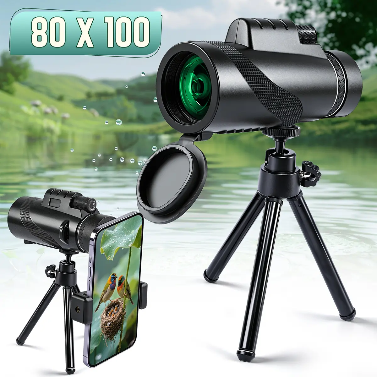 HD Monocular Telescope (80x100, 52mm Objective Lens, BAK4 Prism, FMC Green Full Multi-Coated Lens) - Waterproof, Low-Light Night Vision, with Tripod & Phone Mount for Bird Watching, Hunting, Camping, Birdwatching, Rubber Body, Outdoor Gear, Tripod Mount,,