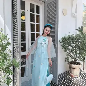 AoDaiVietSister Blue Ao Dai Women Chiffon Ao Dai Loose fit- wedding guest ao dai bridesmaids ao dai+ ao dai for wonen pants included Womenswear Dress Comfort
