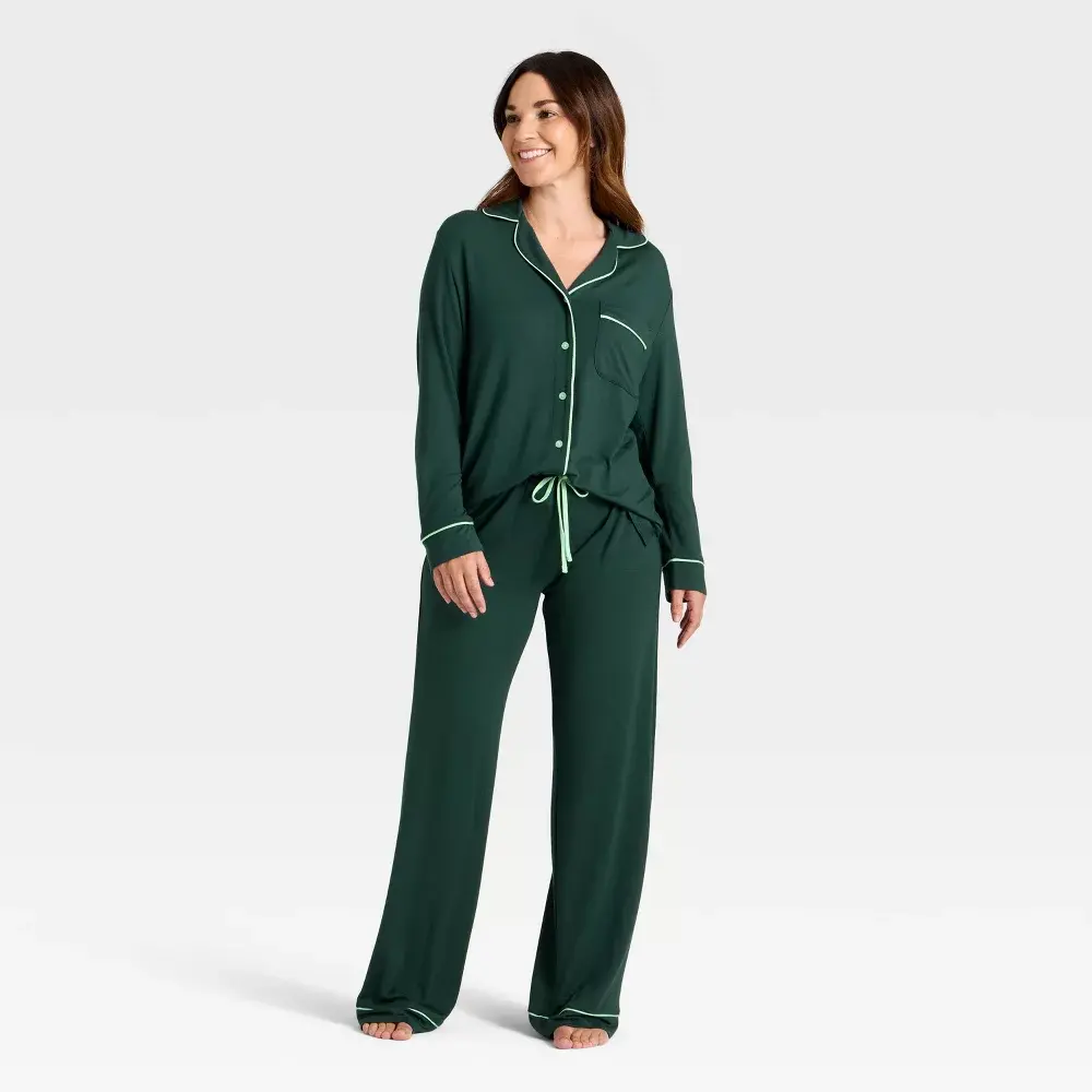 Women's 2-Piece Cloud Knit Modal Jersey Nightwear Set - Smooth Spandex Garment, Long Sleeve Notch Collar Top, Pants - Auden