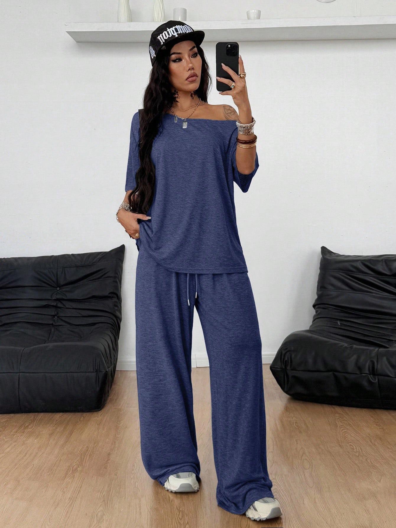 Women's Casual Solid Color Sport Two-Piece Set, Loose Long Pants & Wide Leg Slant Neck Pant Suit, Spring & Fall Fashion