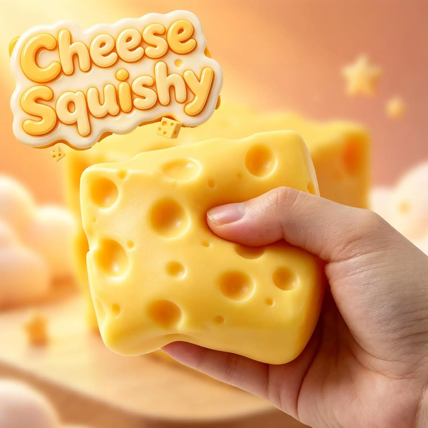 Soft Fluffy Cheese Cube Yellow Plastic Slow-Rebound Decompression Toy, ASMR Stress & Anxiety Relief Squeezing Toy for Party Bags & Gifts