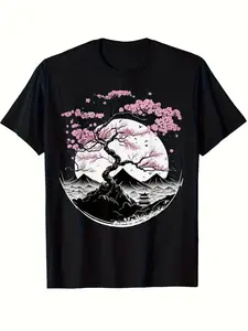 Japanese Sakura Garden Geisha Mount Cherry Blossom T-Shirt, Graphic T Shirts, Cotton Same style for men and women  summer short-sleeved printed T-shirt pure cotton 220G, Casual Wear, Streetwear Fashion, Vintage Aesthetic, Japanese Design