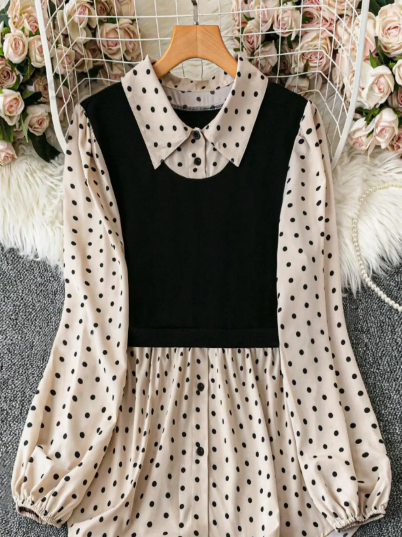 A ladies' polka dot patchwork black collar long-sleeved shirt, perfect for daily wear and exuding a fashionable and elegant vibe, Aesthetic Shirt, Fitted Blouse Woven Tops Womenswear