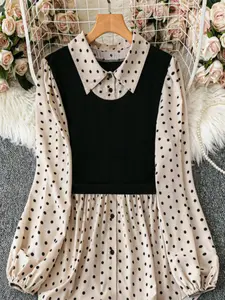 A ladies' polka dot patchwork black collar long-sleeved Fitted Woven Blouse shirt, perfect for daily wear and exuding a fashionable and elegant vibe.
